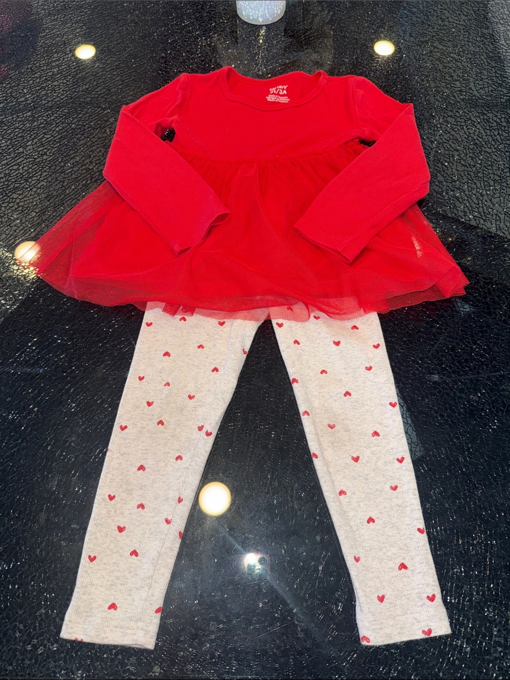 Carters 3T Red Tulle Tunic Top with Heart Print Leggings